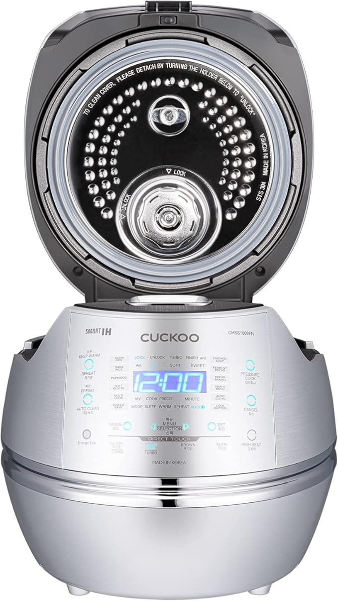 CUCKOO High Pressure Rice Cooker 10-Cup Uncooked / 20-Cup Cooked with Induction Heating Technology Large Rice Maker with 17 Menu Options and Steam Plate Voice Guide Silver (CRP-CHSS1009FN)