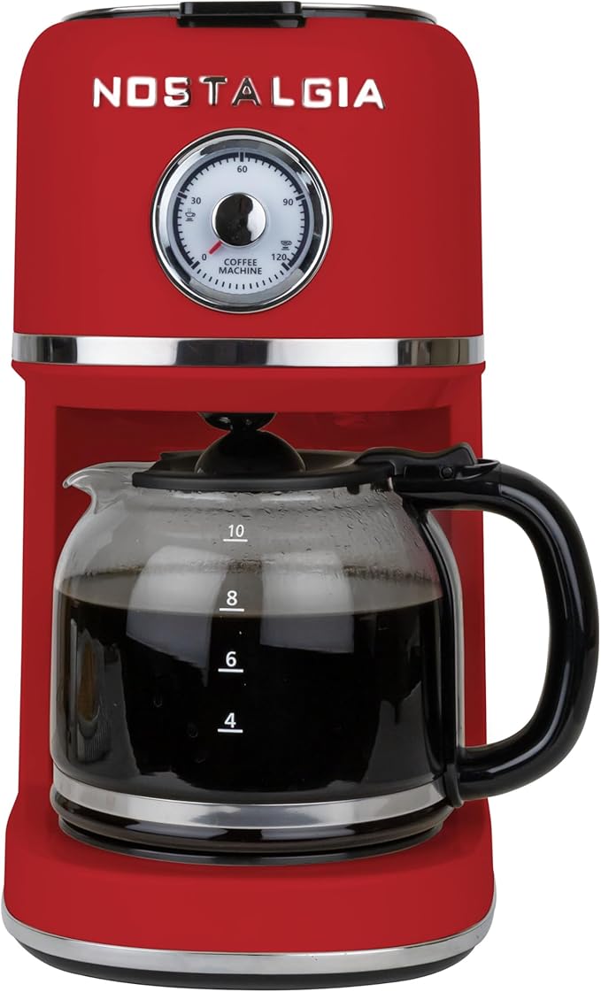 Nostalgia Classic Retro 10 Cup Coffee Maker - One-Touch Drip Brew Reusable Filter - Anti-Drip Auto Shutoff &amp Time Display - Dishwasher Safe 50 oz Carafe - Red