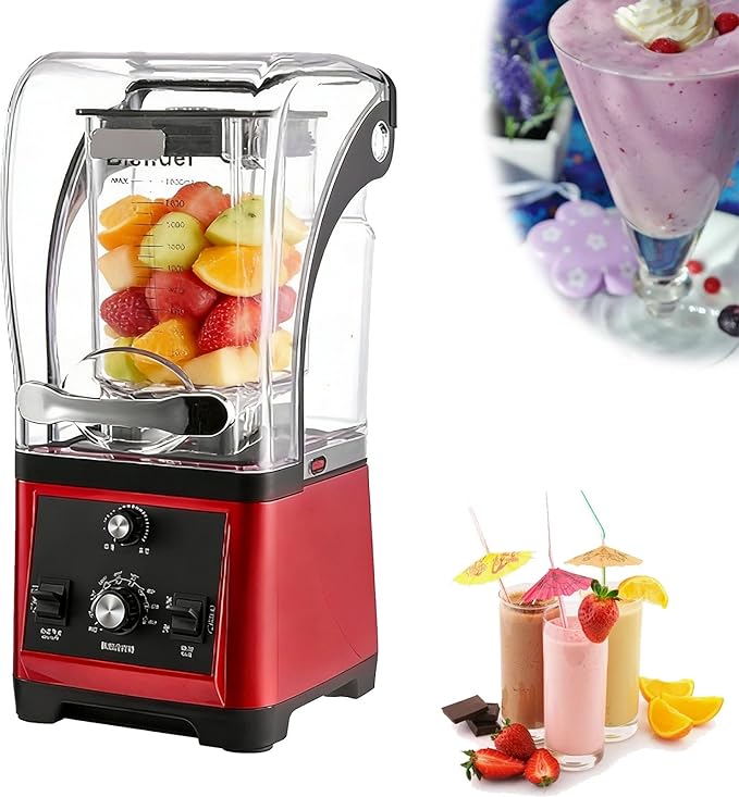 Countertops Professional Electric Food Machine Noise-Reducing Blender with a Soundproof Cover Commercial Shaved Ice Machine 3-Second Quick Ice Crushing for Juices and Smoothies(Red)