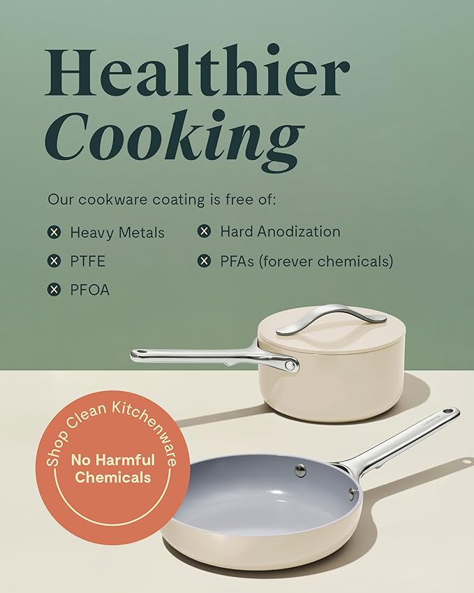 Caraway Mini Cookware Set - Non-Stick Ceramic Fry Pan (1.05 qt 8) Sauce Pan (1.75 qt) &amp Storage Rack - Non Toxic PTFE &amp PFOA Free - Oven Safe &amp Stovetop Agnostic (Gas Electric &amp In