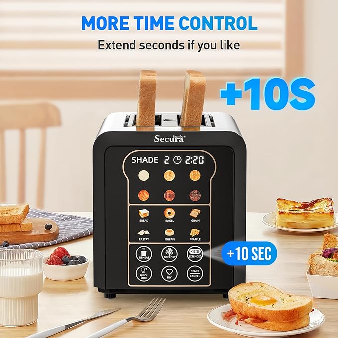 2 Slice Automatic Toaster Touch Screen Smart Toaster with Digital Timer 6 Bread Types 6 Browning Levels Reheat/Defrost +10s Extend Custom Memory Settings for Home RV Office