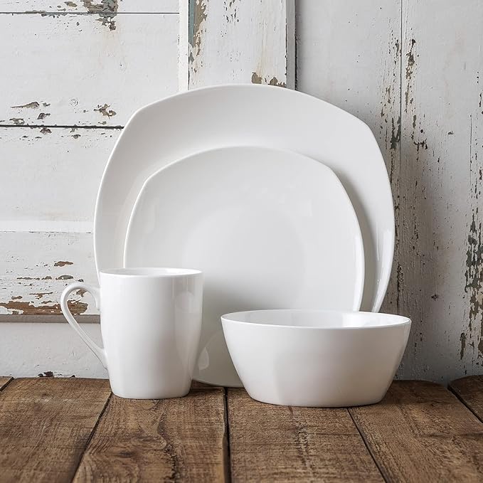 Stone Lain Bone China Soft Square 16 Piece Dinnerware Set White