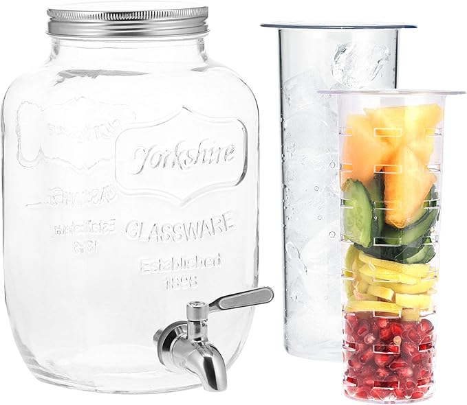 Navaris Glass Drink Dispenser with Spout - 4 L / 1 Gallon Mason Jar with Fruit &amp Ice Infuser - Beverage Fountain for Sweet Tea Punch Water Cocktail - Drinks Pitcher For Parties