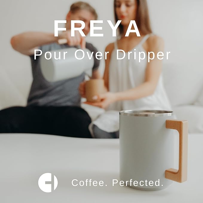 HASTINGS Pour Over Coffee Dripper - Stainless Steel Pour Over Coffee Filter Metal Paperless Reusable Double Mesh Cone Filter with Wood Handle - Coffee Maker for Single Cup Brew up to 68 OZ (Grey)