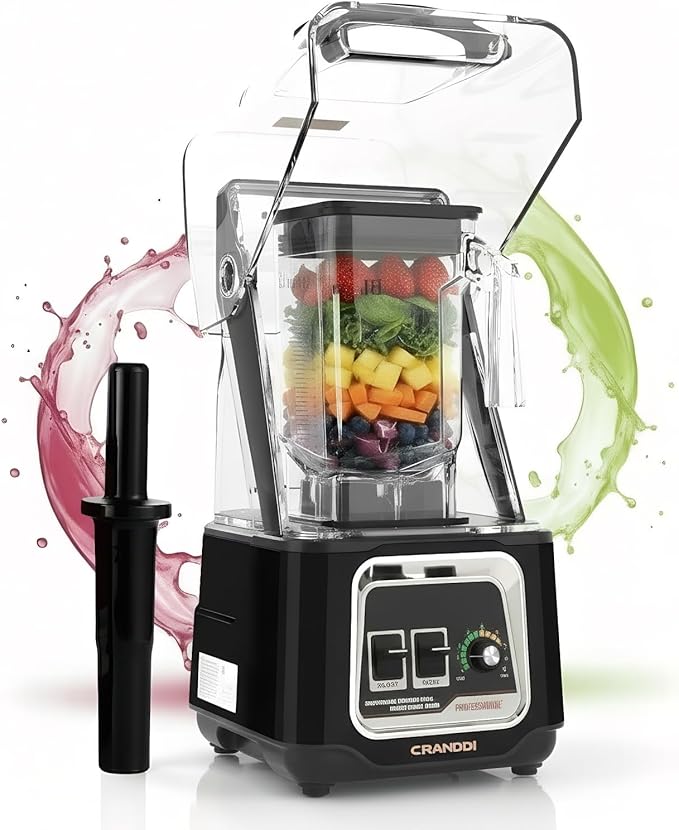 CRANDDI Professional Smoothie Blender 2200W Commercial Soundproof Quiet blender with Removable Soundproof Shield for Crushing Ice MilkShakes Puree Self-Cleaning 50oz 110V K80 (Black)