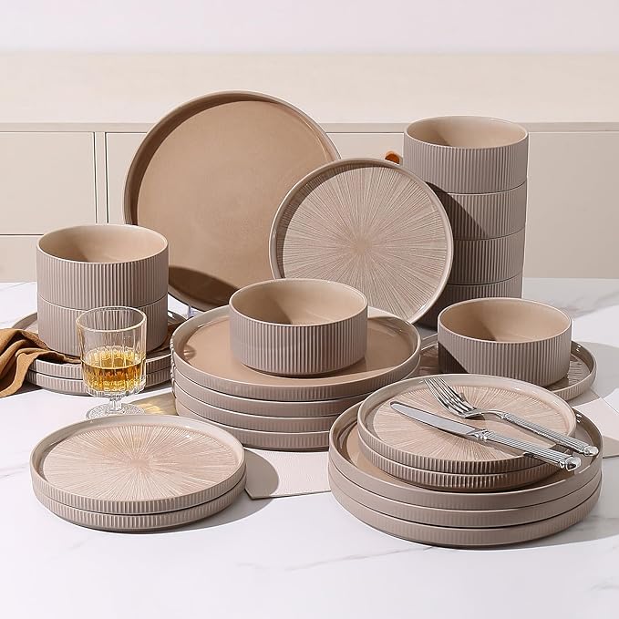 Dinnerware Sets Ceramic Plates and Bowls Set 24 Piece Dinnerware for 8 Chip Resistant Stoneware Dishwasher and Microwave Safe-orange