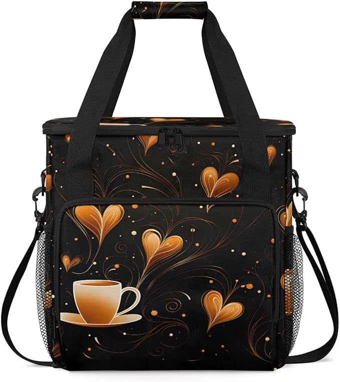 Coffee Love Heart Coffee Maker Travel Bag for Keurig K-Mini/K-Mini Plus Insulated Waterproof Tote with Pockets for K-Cup Portable Single-Serve Brewer Case