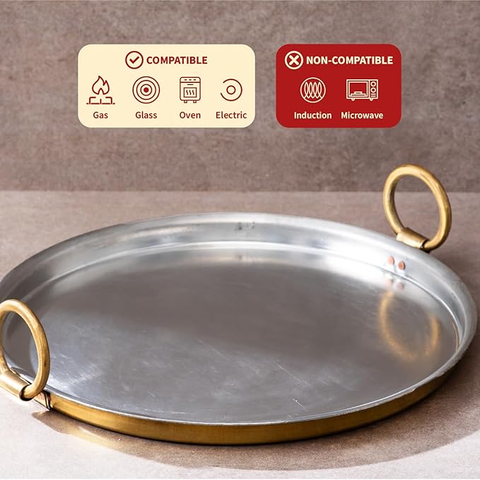 P-TAL Set of Brass Dosa Tawa + 250ml Brass Ghee Pot with Spoon Cookware Set Non-Toxic and Teflon Free Combo Ptal Utensils 12 in Dosa Tawa and 250 ml Golden