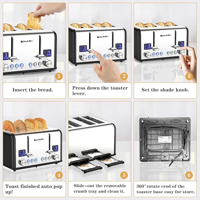 Toaster 4 Slice KitchMix Bagel Stainless Toaster with LCD Timer Extra Wide Slots Dual Screen Removal Crumb Tray (Black)