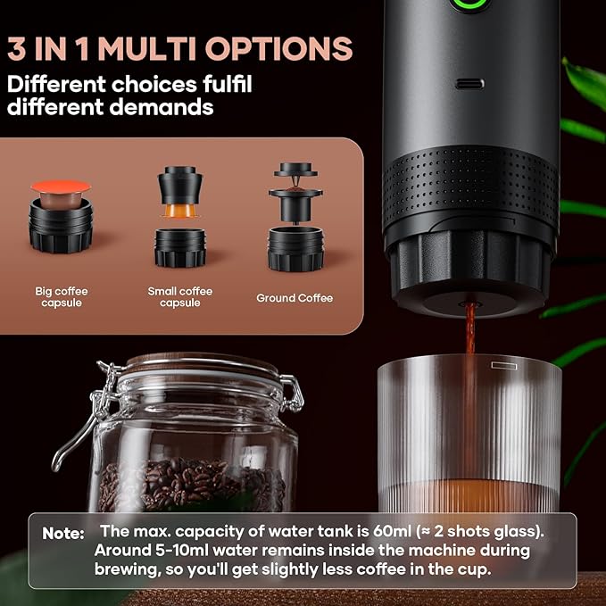 Portable Battery Coffee Maker Espresso Machine 20 Bar Nano Car Coffee Mini Espresso Machines Self-Heating Electric Espresso Maker USB-C 3-in-1 Ground Coffee &amp NS Capsule Pod RV Hiking Camping