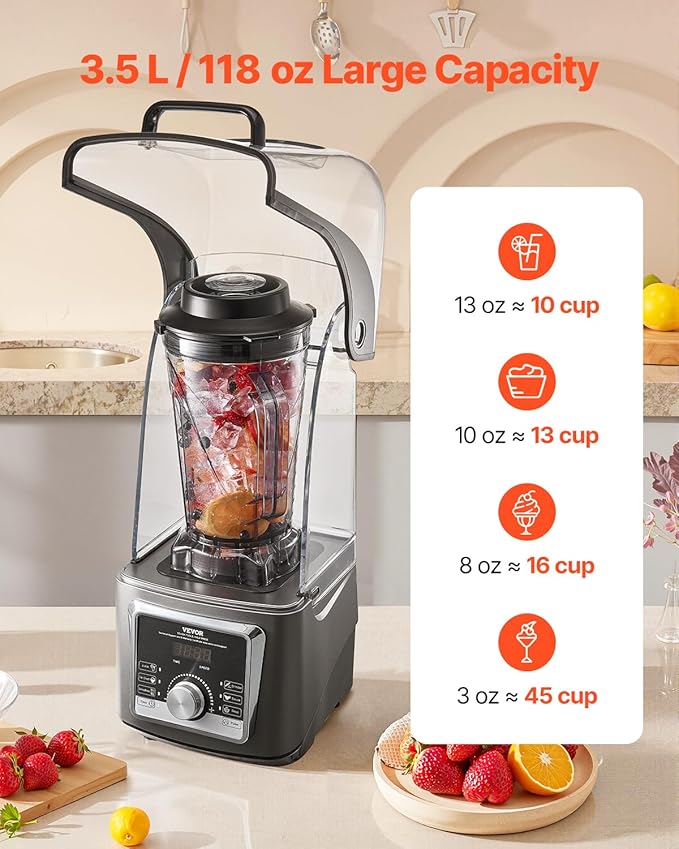 VEVOR Professional Blender for Smoothies 118 oz 1400W with Powerful Motor Multi-Functional Food Processing Blender with Noise Cover for Smoothie/Milkshake/Juice Fits for Kitchen