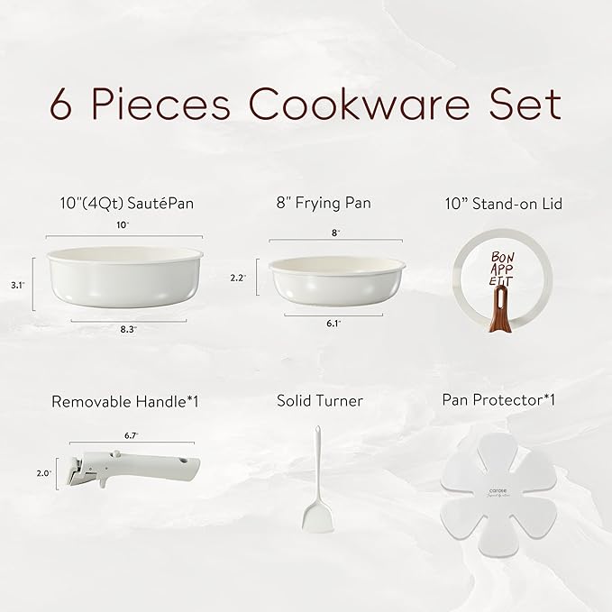 CAROTE Ceramic Pots and Pans Set Non Stick Nonstick Kitchen Cookware Sets with Lid Detachable Handle Sauté Pan Set Non Toxic Frying Pan Oven Safe Induction Ready Cream White