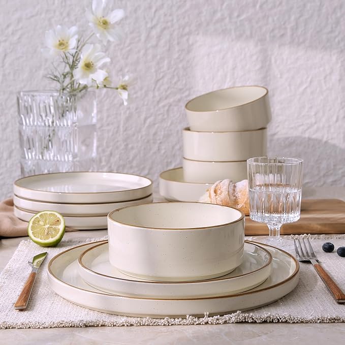 Famiware Nebula Plates and Bowls Sets for 4 12 Pieces Stoneware Dinnerware Set Microwave and Dishwasher Safe Dishes Set Vanilla White with Brown Rim