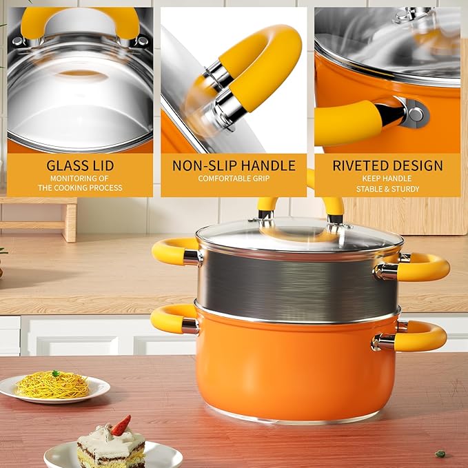 4 Quart Vegetable Steamer Oranger Steamer for Cooking with Lid and Steaming Bucket Gift for Housewarming Kitchen Decor Dishwasher Safe