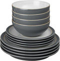Denby - Elements Fossil Grey Dinner Set For 4-12 Piece Simple Ceramic Stoneware Tableware Set - Dishwasher Microwave Oven Safe - Scratch Chip Resistant