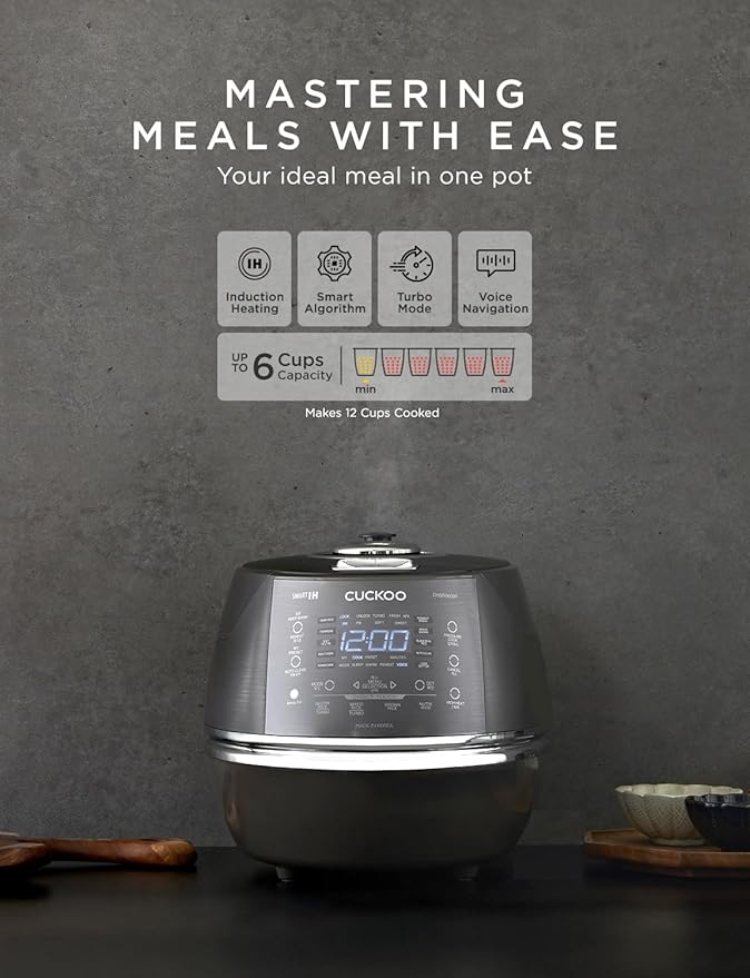 CUCKOO High Pressure Rice Cooker 6-Cup Uncooked / 12-Cup Cooked with Induction Heating Technology Versatile Rice Maker with 13 Menu Options and Steam Plate Voice Guide Dark Gray (CRP-DHSR0609FD)