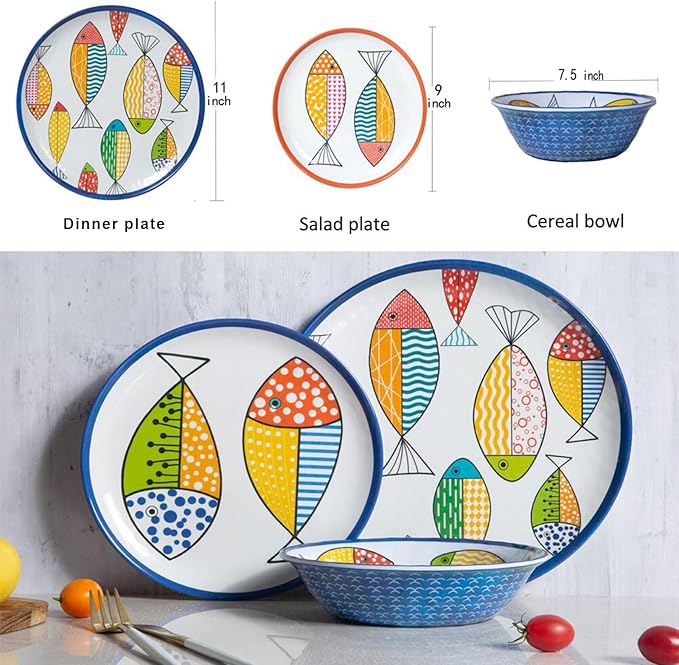 Melamine Dinnerware set for 4 Plates and Bowls Sets Great for Camper RV Indoors Outdoors Use with Ocean Printed Unbreakable