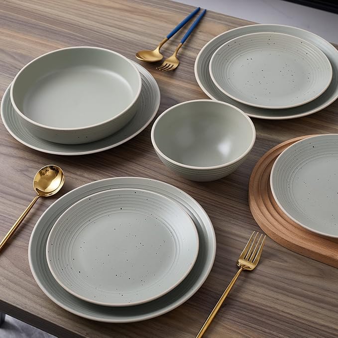 Stone Lain Lauren Stoneware Rustic Plates and Bowls Set Dinnerware Service for 8 Speckled Green Dishwasher &amp Microwave Safe 32-Piece