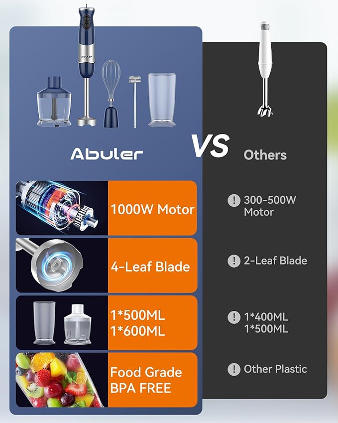 Immersion Blender Handheld 1000W 5 in 1 Corded Stick Hand Blender Kitchen with 12 Speed BPA-Free Mixing Beaker Chopper Whisk Milk Frother Perfect Emulsifier for Soup Baby Food Sauce Puree