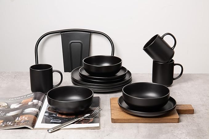 12-Piece Stoneware Dinnerware Set for 3 - Chip-Resistant Plates Bowls &amp Mugs Premium High-Density Stoneware Dishwasher &amp Microwave Safe Stackable Space-Saving Design with Matte Glaze(Black