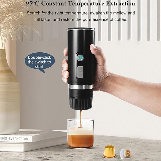 Portable Espresso Machine Travel Coffee Maker Set with 12/24V Car Heating Function Compatible with Small/Large Capsules and Ground Coffee for Camping Car RV Hiking Office Home
