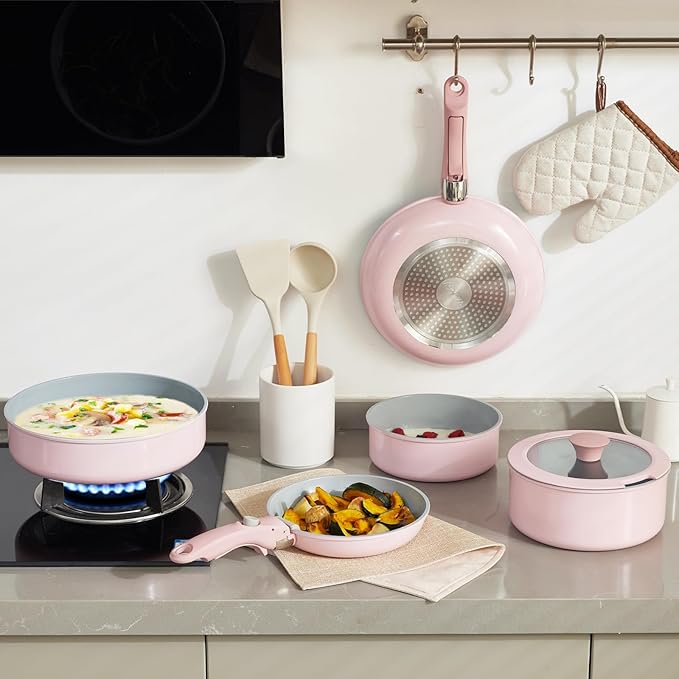 Pink Non Stick Pot and Pan Sets with Removable Handle Ceramic Cookware Set Detachable Handle Induction Kitchen Camping Stackable Pots Pans Dishwasher/Oven Safe PTFE/PFOA/PFOS Free