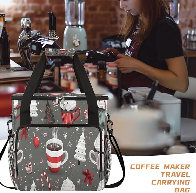 Christmas (606) Coffee Maker Carring Bag Travel Carrying Storage Tote Bag Compatible with Keurig K-Mini or K-Mini Plus Portable Single Serve Coffee Brewer Case with Pockets for K-cup Pods
