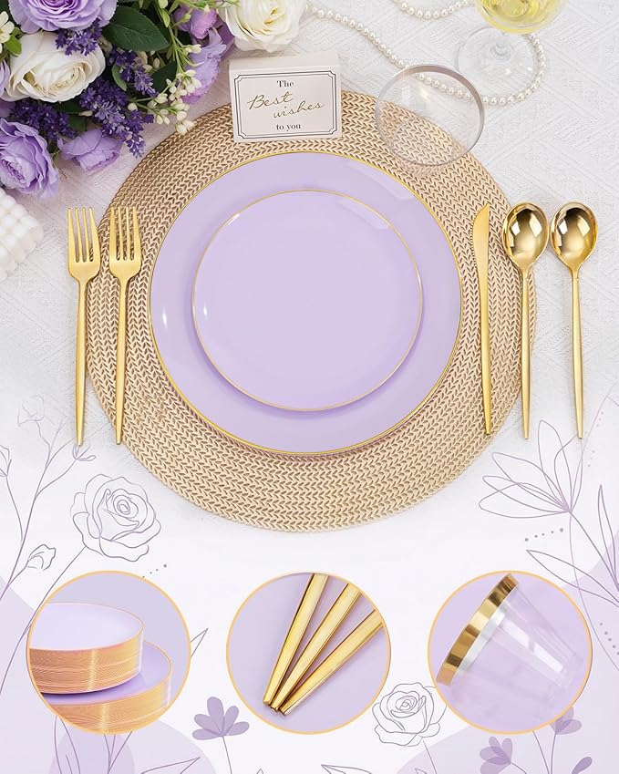 bUCLA 150PCS Purple Plastic Plates - Light Purple and Gold Disposable - Include 25 Each (Dinner &amp Dessert) lavender Plates 25 Knives 25 Forks 25 Spoons &amp 25 Cups for Party Easter &amp Wed