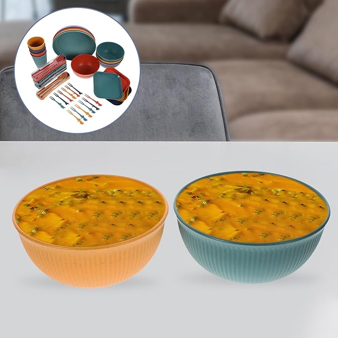 Wheat Straw Dinnerware Set with Lightweight Unbreakable Plates Bowls Cups and Cutlery Reusable Picnic Tableware Kit for Outdoor Camping and Home Dining Random Color