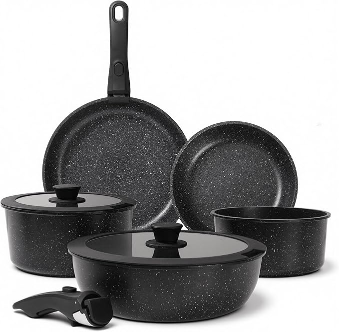 Black Pots and Pans Set Non Stick Removable Handle Ceramic Cookware Set Nonstick 9Pcs Dishwasher Oven Safe RV Kitchen Cooking Set Stackable Induction Cookware (Black 9Pcs)