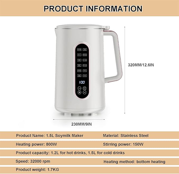 Soy Milk Maker 12h Reservation Plant Milkmaker Electric Kettle With Six Preset Functions And Led Display Tea Milk Machine Blender One Button Use (With 2 Cups)