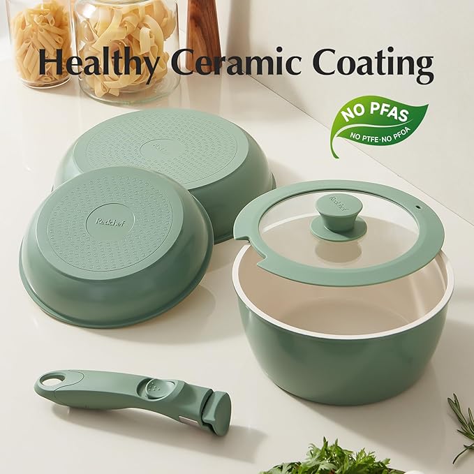 Ceramic Pots and Pans Set Non Stick Nonstick Kitchen Cookware Sets Non Toxic Pots and Pans Set Non Stick PFAS PFOA &amp PTFE Free Detachable Handle Pots and Pans 6 Piece RV Cookware (Green)
