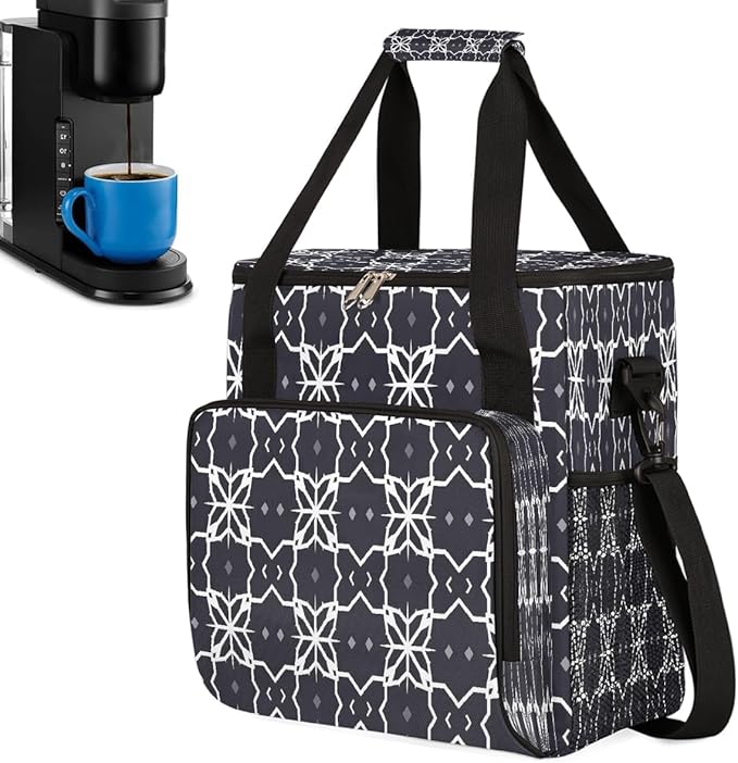 Grid Flower Black &amp White Mandala Coffee Maker Carring Bag Travel Carrying Storage Tote Bag Compatible with Keurig K-Mini or K-Mini Plus Portable Single Serve Coffee Brewer Case with Pockets