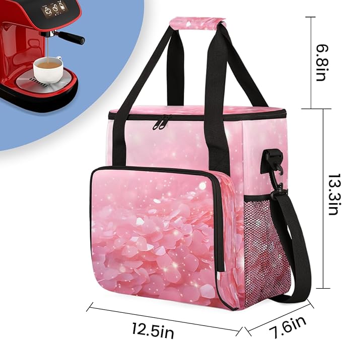 Glitter Sequin Coffee Maker Carrying Bag Pink Portable Travel Storage Tote Bag Compatible with K-Mini or K-Mini Plus Single Serve Coffee Brewer Carrying Case with Multiple Pockets &amp Shoulder Str