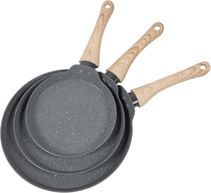 3PCS Maifan Stone Frying Pan Set Grey Anti Stick with Wooden Handle Multifunctional 3 Sizes for All Cooking Needs
