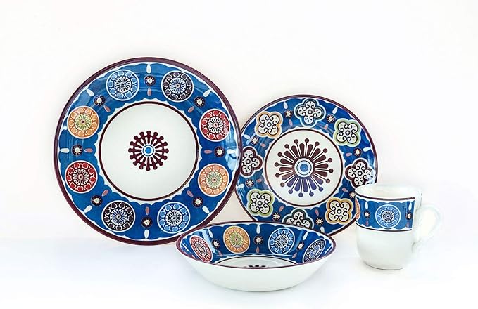 Tudor Royal Collection 24-Piece Premium Quality Round Porcelain Dinnerware Set Service for 6 - SUMAYA Blue See 10 Designs Inside!