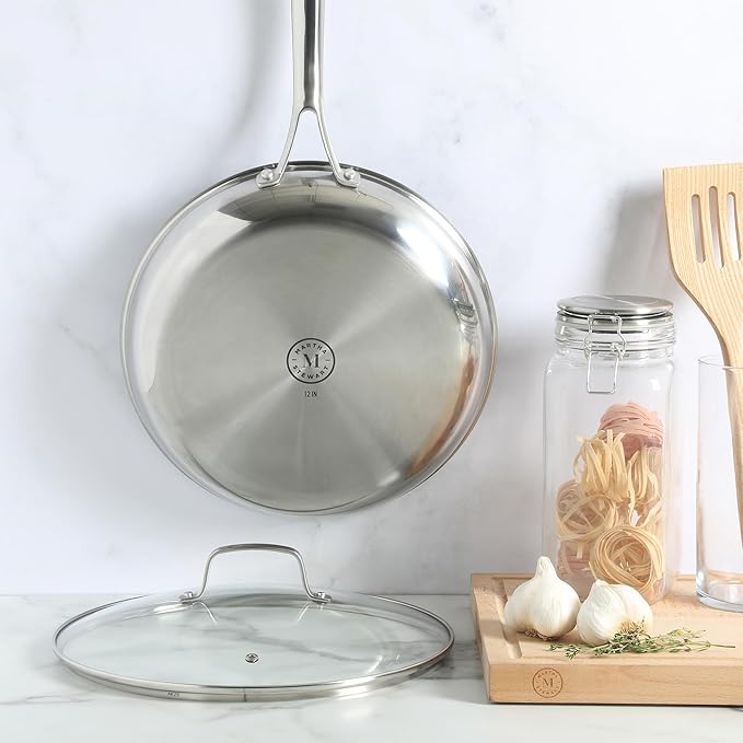 Martha Stewart Badgley Hybrid Nonstick 12 Inch TriPly Stainless Steel Large Fry Pan With Lid &amp Stay Cool Handle - Laser Etched Non-Toxic Perfect Sear Nonstick Skillet - Dishwasher and Induction Sa
