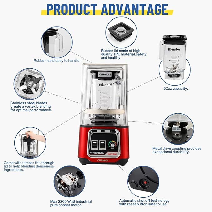 CRANDDI Professional Smoothie Blender 2200W Commercial Soundproof Quiet blender with Removable Soundproof Shield for Crushing Ice MilkShakes Puree Self-Cleaning 50oz 110V K80 (Red)