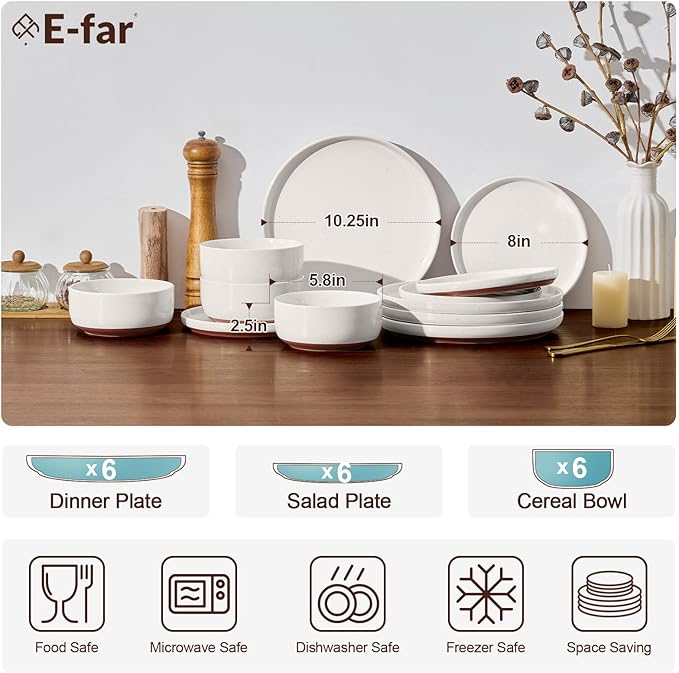 E-far 18-Piece Stoneware Dinnerware Sets Plates and Bowls Sets for 6 Ceramic Dishware Dishes Set with Terracotta Base Chip &amp Scratch Resistant Microwave &amp Dishwasher Safe Speckled White