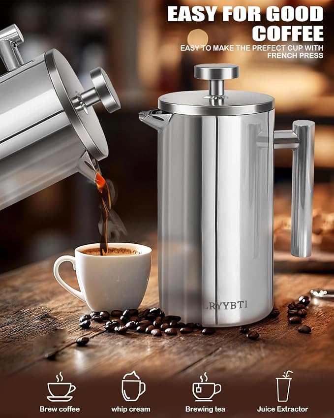 French Press Coffee Maker304 Stainless Steel Coffee Press with scale lines and 2 Extra Filters for Kitchen &amp Camping (Silver 34 OZ) 1 Litre