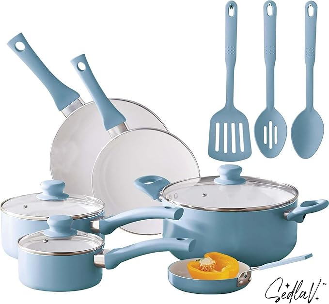 SEDLAV 12-Piece Ceramic Cookware Set - Blue Linen Finish for Stylish and easy Cooking
