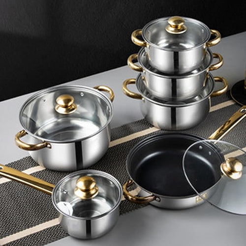12Pcs Stainless Steel Kitchen Pots Set Smoothing Cookware with Golden Handle Compatible with all Cooktops for Cooking Results