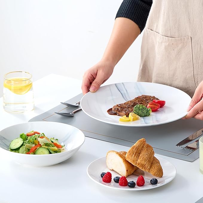 Bestone 12-Piece Round Kitchen Dinnerware Set Plates Bowls Service for 4 Blue and White Marble