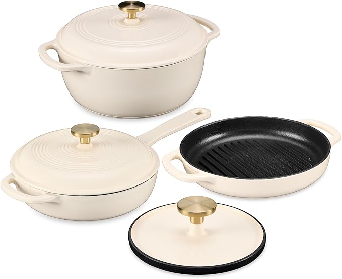 Best Choice Products Non-Stick Pot &amp Pan Cookware Set Cast Iron 2Qt Skillet W/Lid 10 Grill Or Griddle Pan W/Press 6Qt Enameled Dutch Oven Non-toxic For Cooking &amp Grilling - Vanilla