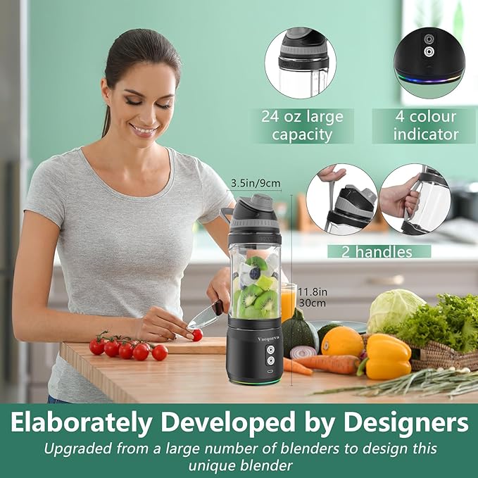 Portable Blender for Shakes and Smoothies 24oz 300W Travel Blender on the Go USB Rechargeable Personal Blender for Smoothies Protein Shakes with a Travel Lid &amp BPA Free Bottle(Grey Cap Black Body