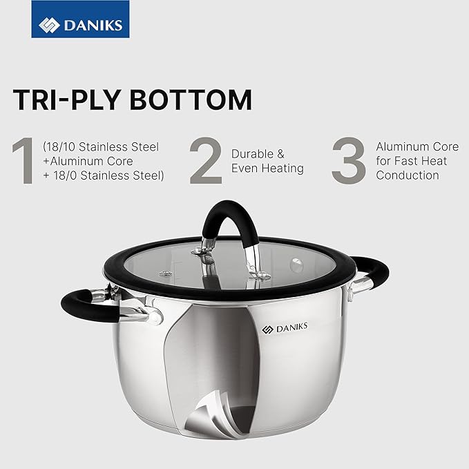 Daniks Orlando 10-Piece Stainless Steel Cookware Set with Glass Lids Includes Saucepan Tri-Ply Bases for Even Heating Induction Compatible Dishwasher Safe Heatproof Handles
