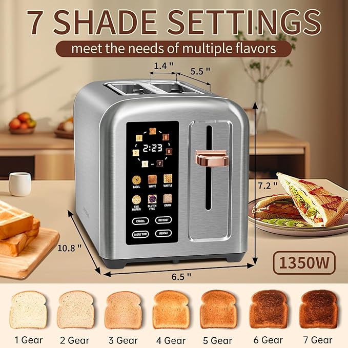 SEEDEEM Toaster 2 Slice Touch Control Stainless Toaster LCD Display 50% Faster Heating Speed 1.4'' Wide Slots More Timer Functions Removable Crumb Tray 1350W Silver White