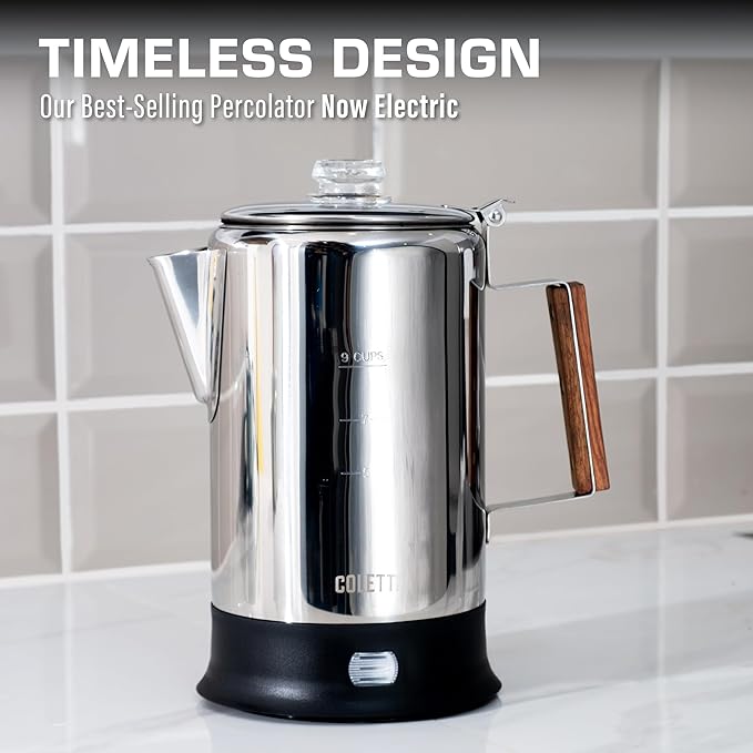 COLETTI Bozeman Electric Percolator — Percolator Coffee Pot Coffee Percolator – [9 cup Stainless Steel]