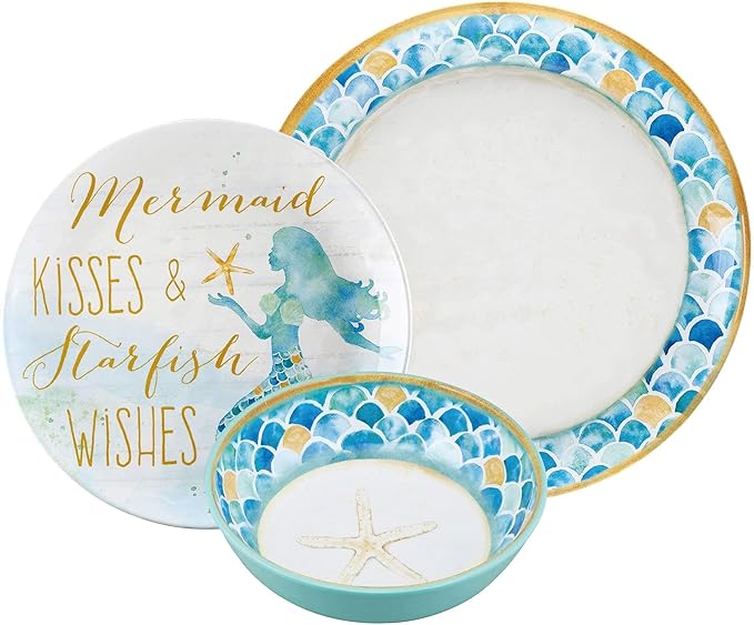 UPware 12 Piece Mermaid Melamine Dinnerware Sets Outdoor Dishes Set Plates and Bowls Sets Service for 4 Blue
