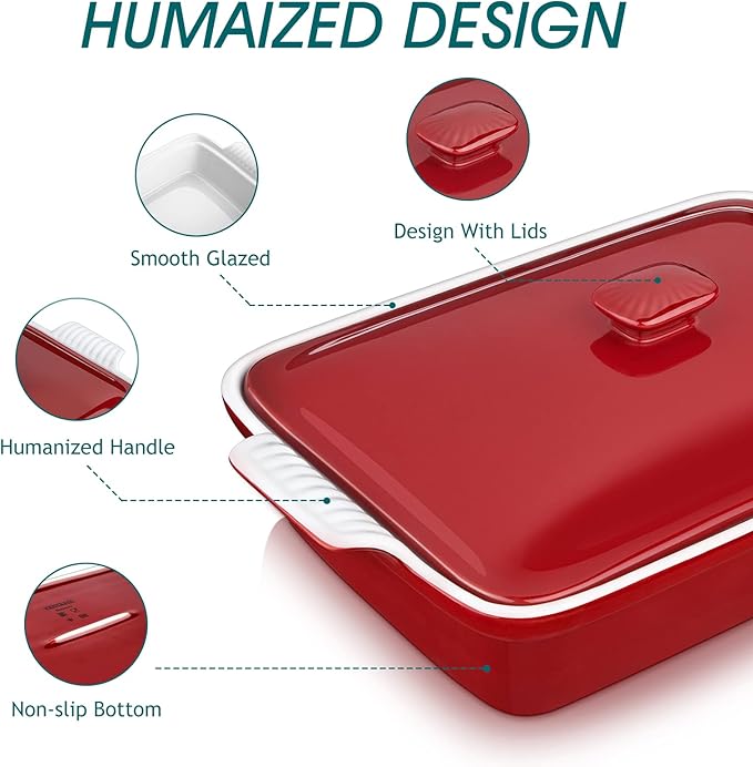 vancasso Blossom Casserole Dish With Lid 1.9 Quart Casserole Dish for Oven 12x7 Baking Pan with Handles Casserole Baking Dish Lasagna Pan with Lid Microwave Dishwasher Safe Red